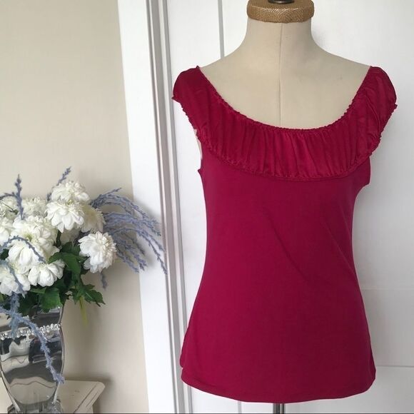 Ann Taylor Off Shoulder Ruffle Neck Tank Pink M‎ - Picture 1 of 9